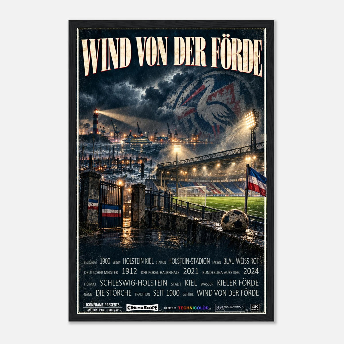 Holstein Kiel Poster „Wind von der Förde“ – 30 × 45 cm, mit schwarzem Holzrahmen vor hellem Hintergrund