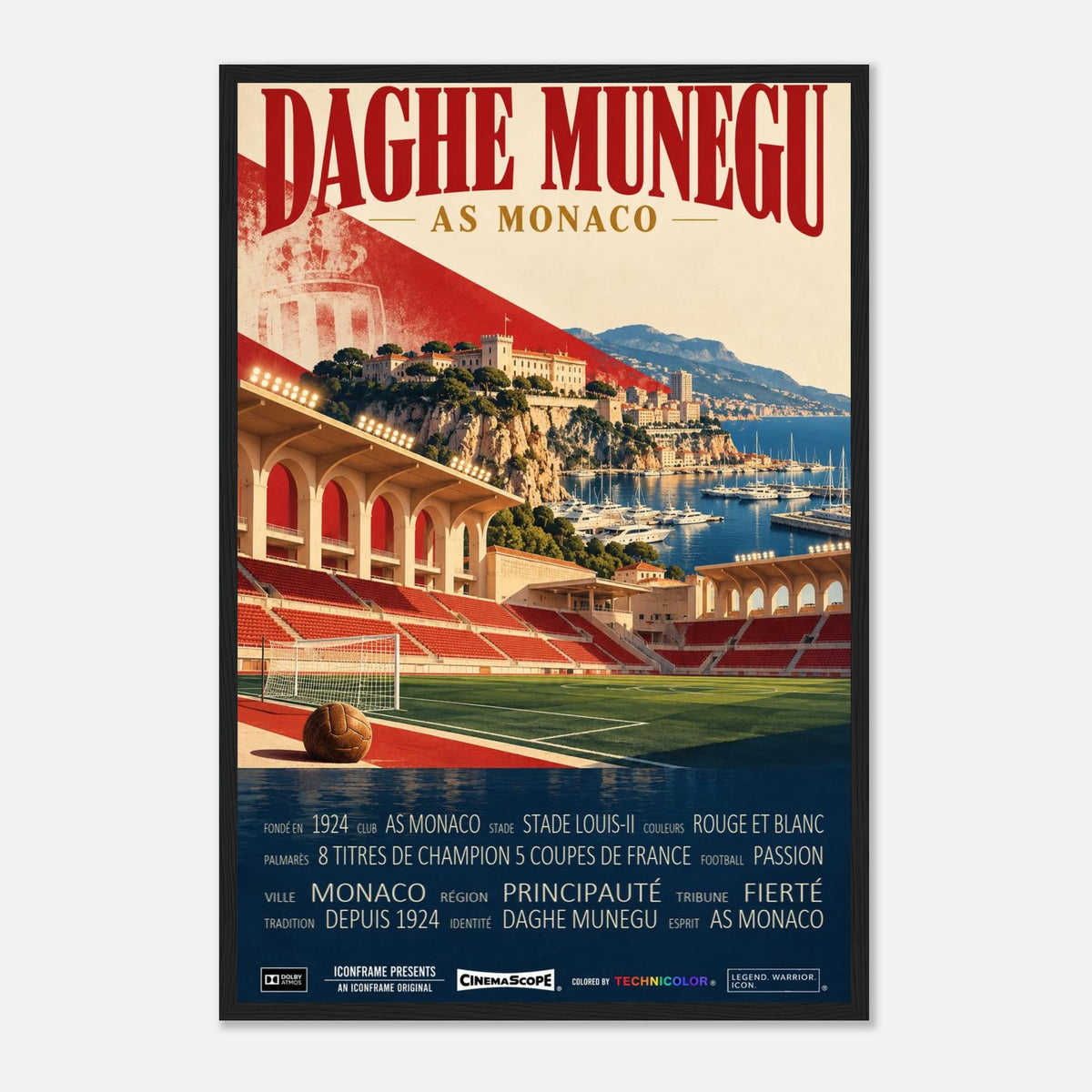 AS Monaco Poster „Daghe Munegu“ – 40 × 60 cm, mit schwarzem Holzrahmen