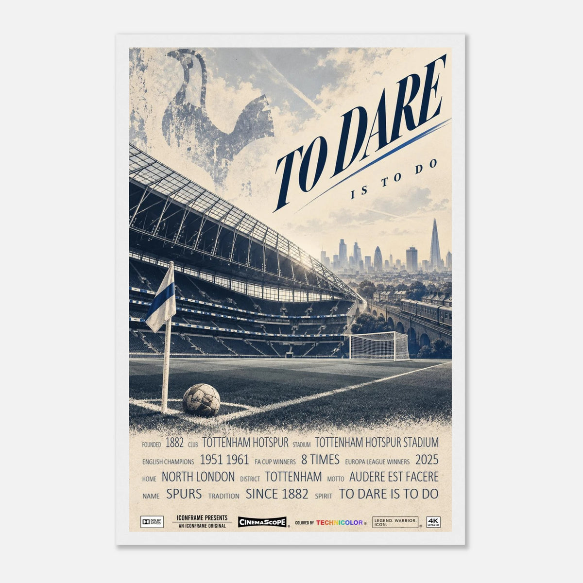Tottenham Hotspur Poster „To Dare Is to Do“ – 30 × 45 cm, mit weißem Holzrahmen vor hellem Hintergrund