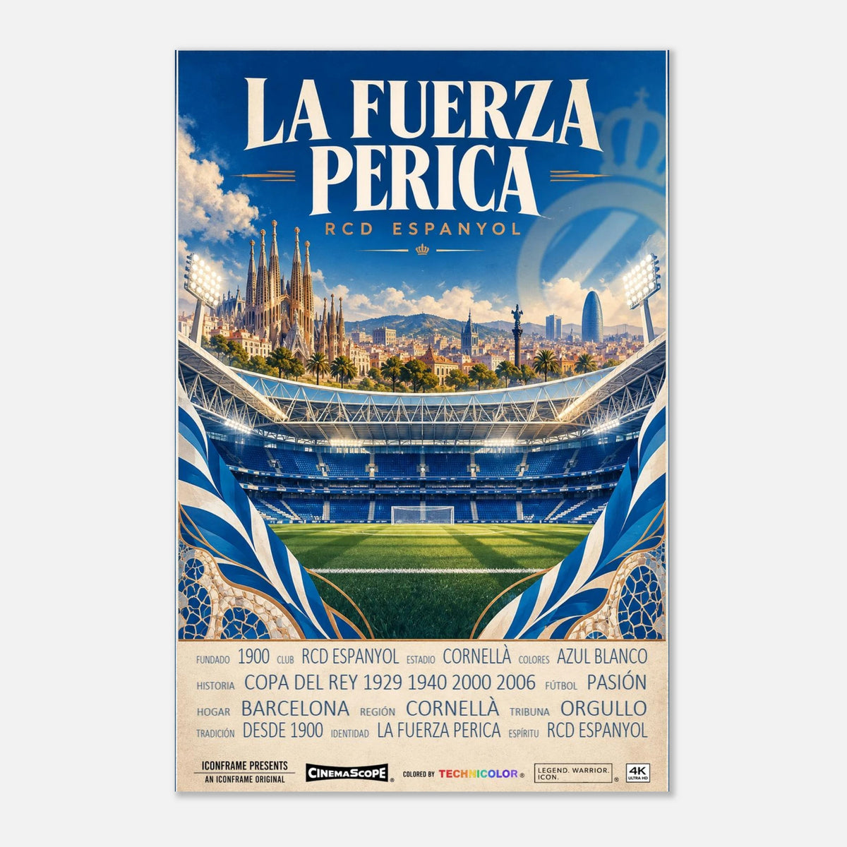 Espanyol Barcelona Poster „La Fuerza Perica“ – 40 × 60 cm, ohne Rahmen vor hellem Hintergrund