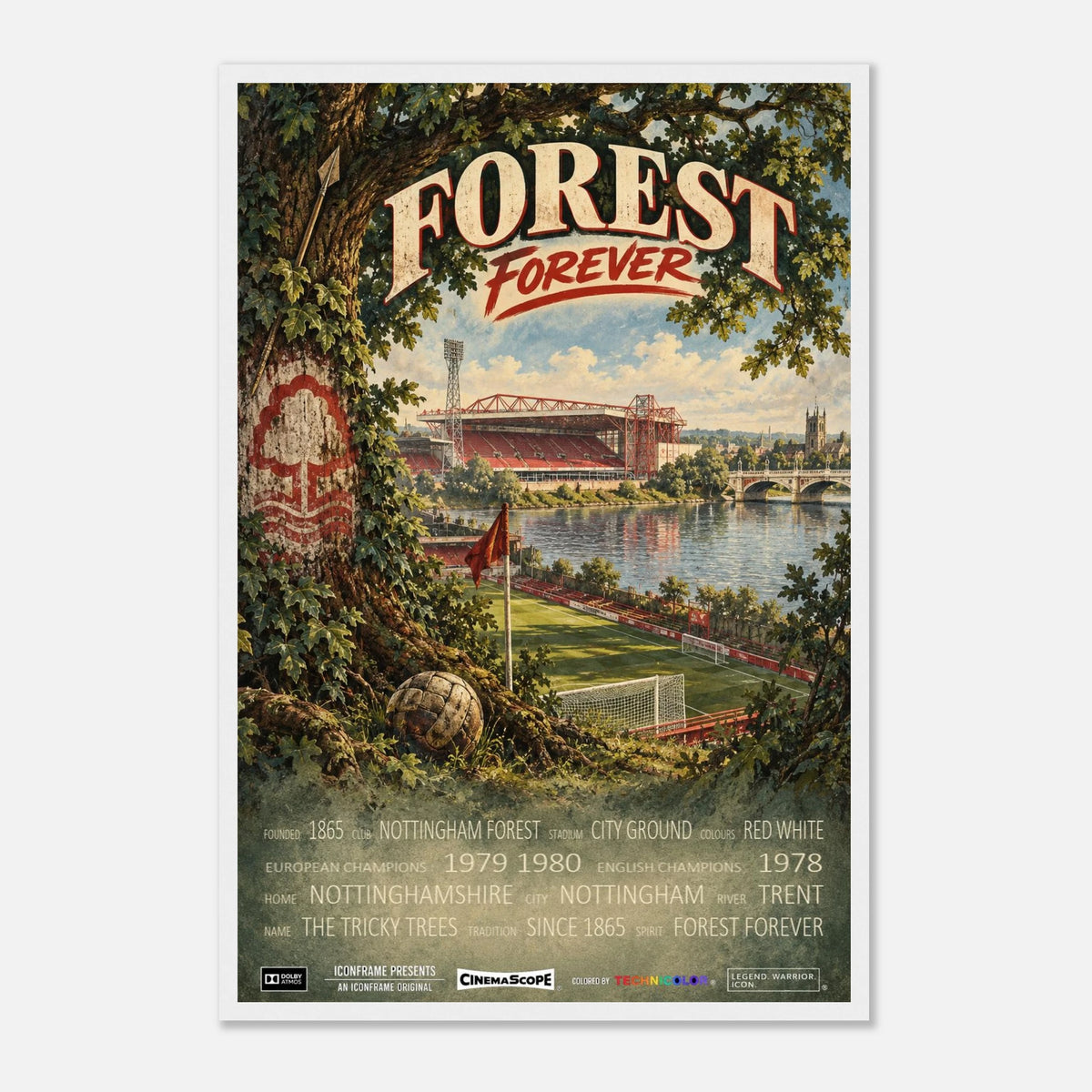 Nottingham Forest Poster „Forest Forever“ – 40 × 60 cm, mit weißem Holzrahmen vor hellem Hintergrund