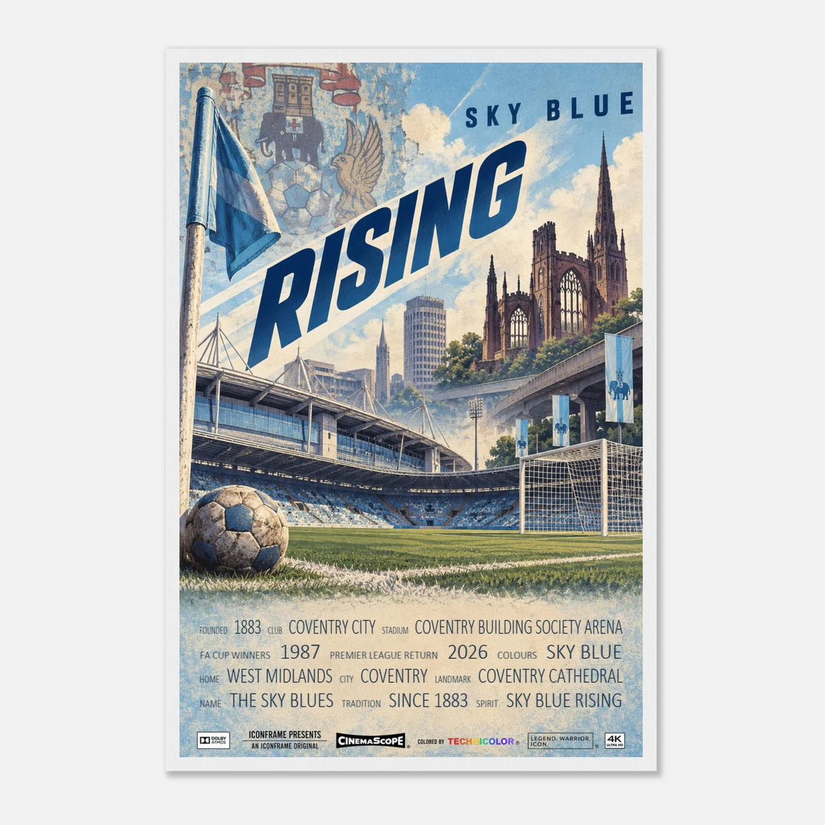 Coventry City Poster „Sky Blue Rising“ – 40 × 60 cm, mit weißem Holzrahmen vor hellem Hintergrund