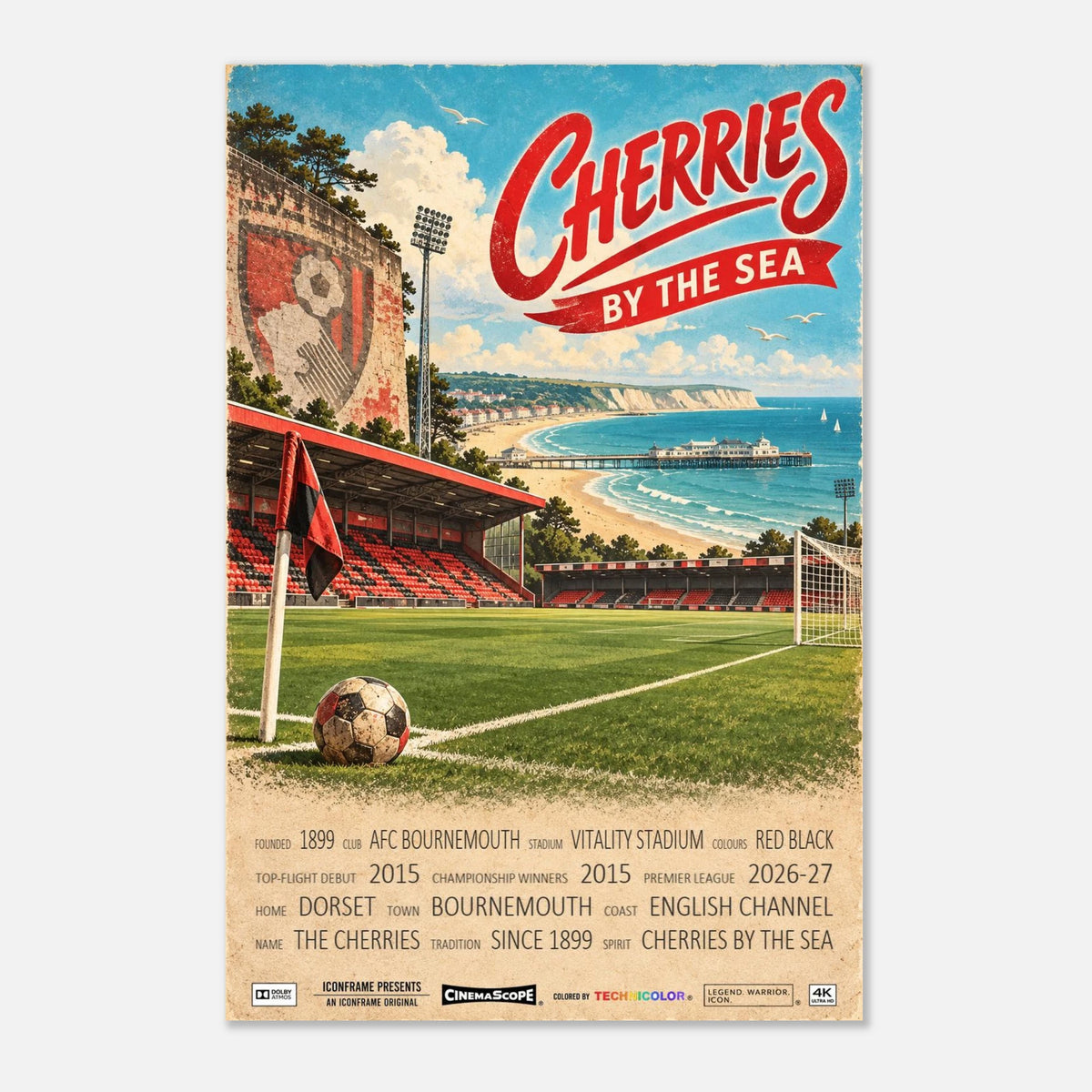 AFC Bournemouth Poster „Cherries by the Sea“ – 60 × 90 cm, ohne Rahmen vor hellem Hintergrund