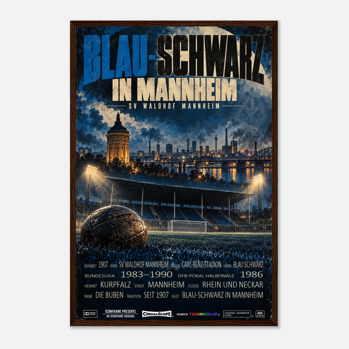 SV Waldhof Mannheim Poster „Blau-Schwarz in Mannheim“ – 40 × 60 cm, mit dunkelbraunem Holzrahmen