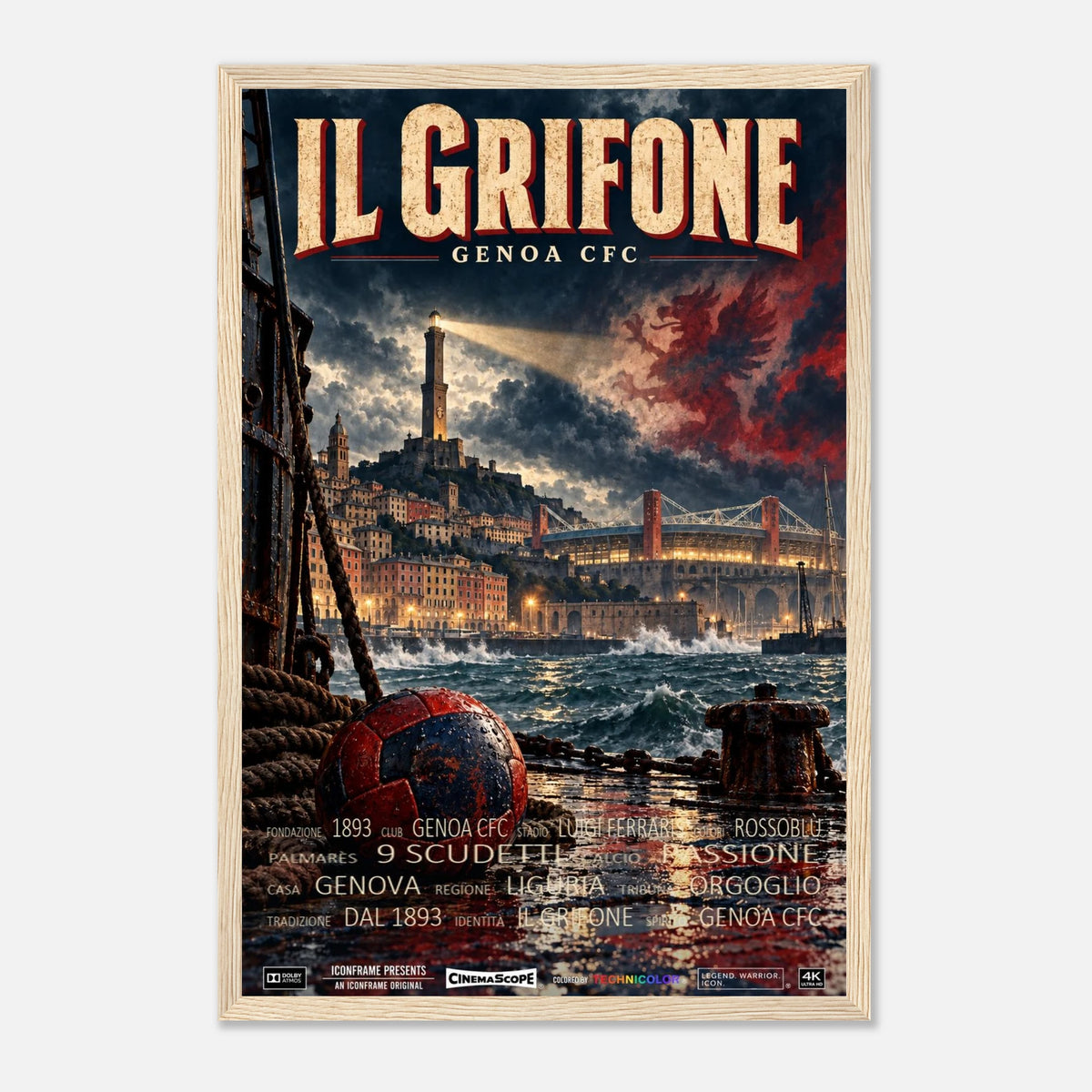 CFC Genua Poster „Il Grifone“ – 30 × 45 cm, mit naturfarbenem Holzrahmen vor hellem Hintergrund
