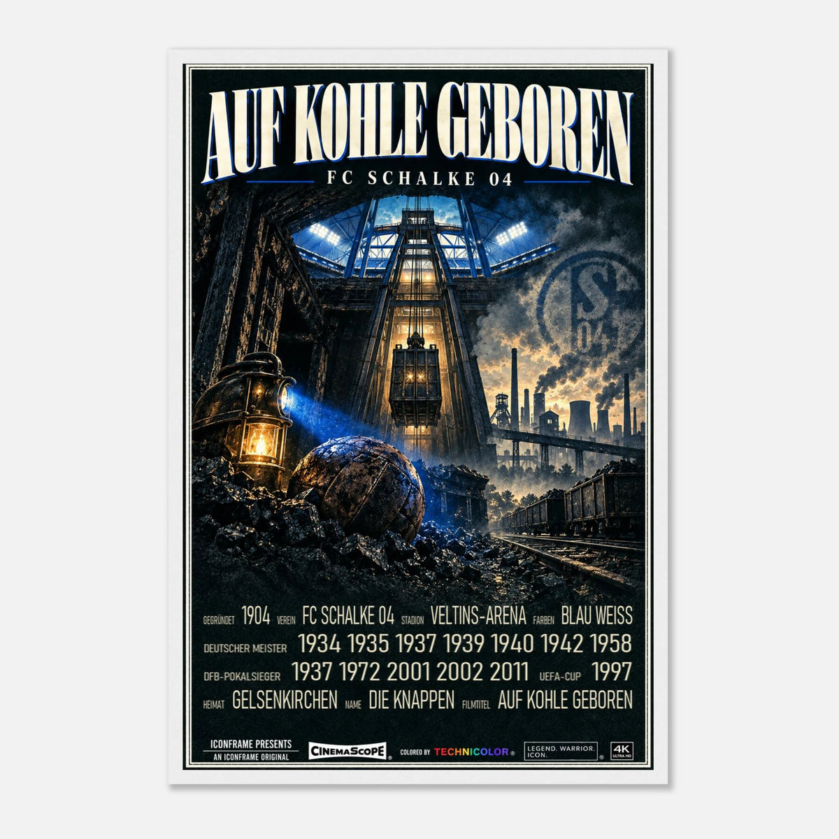Schalke 04 Poster „Auf Kohle geboren“ – 40 × 60 cm, mit weißem Holzrahmen vor hellem Hintergrund