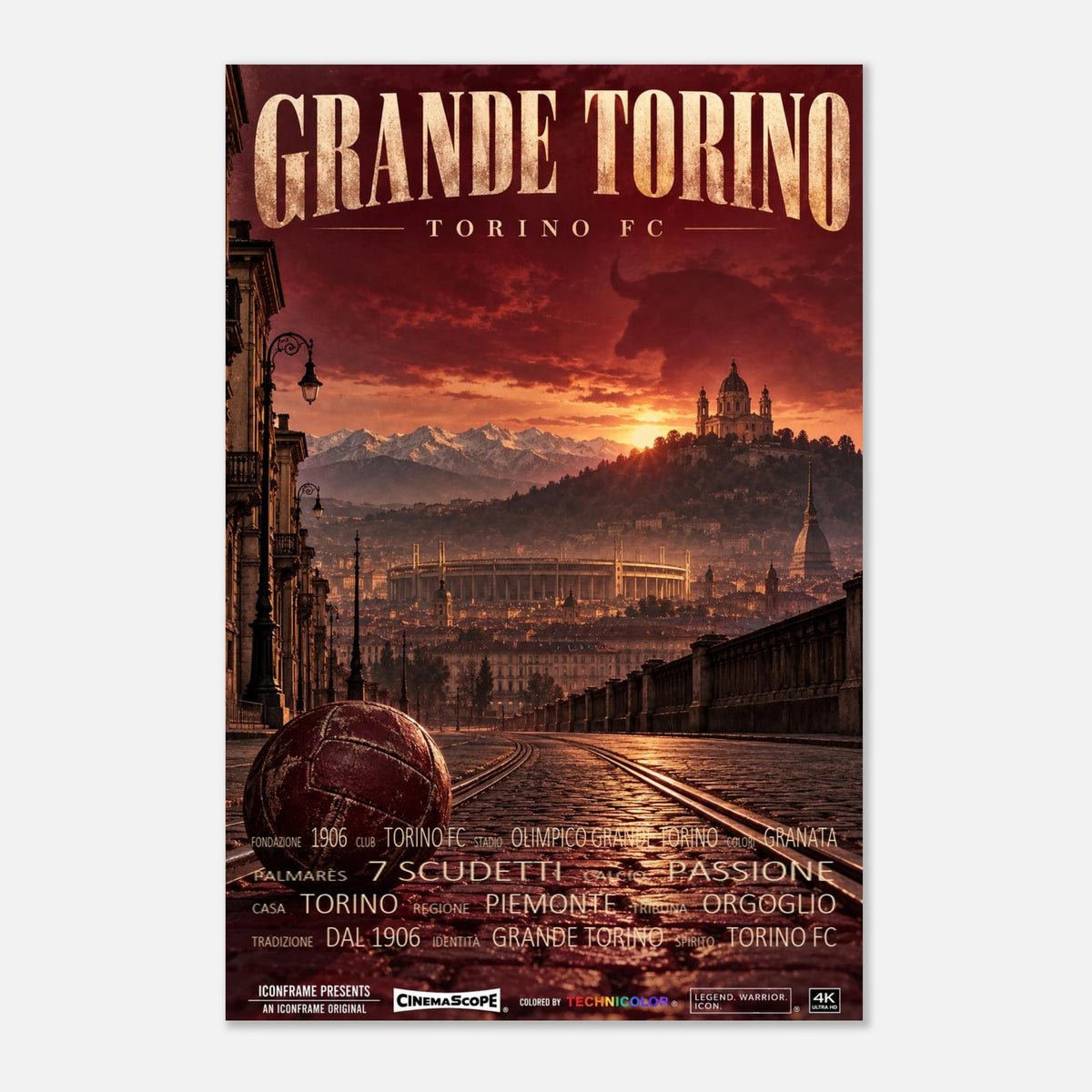 FC Turin Poster „Grande Torino“ – 30 × 45 cm, ohne Rahmen vor hellem Hintergrund