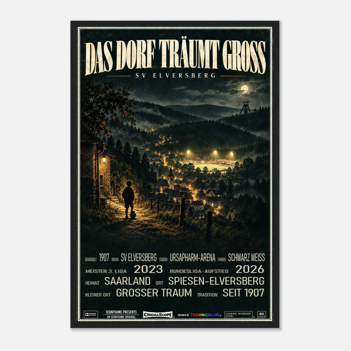 SV Elversberg Poster „Das Dorf träumt groß“ – 40 × 60 cm, mit schwarzem Holzrahmen vor hellem Hintergrund