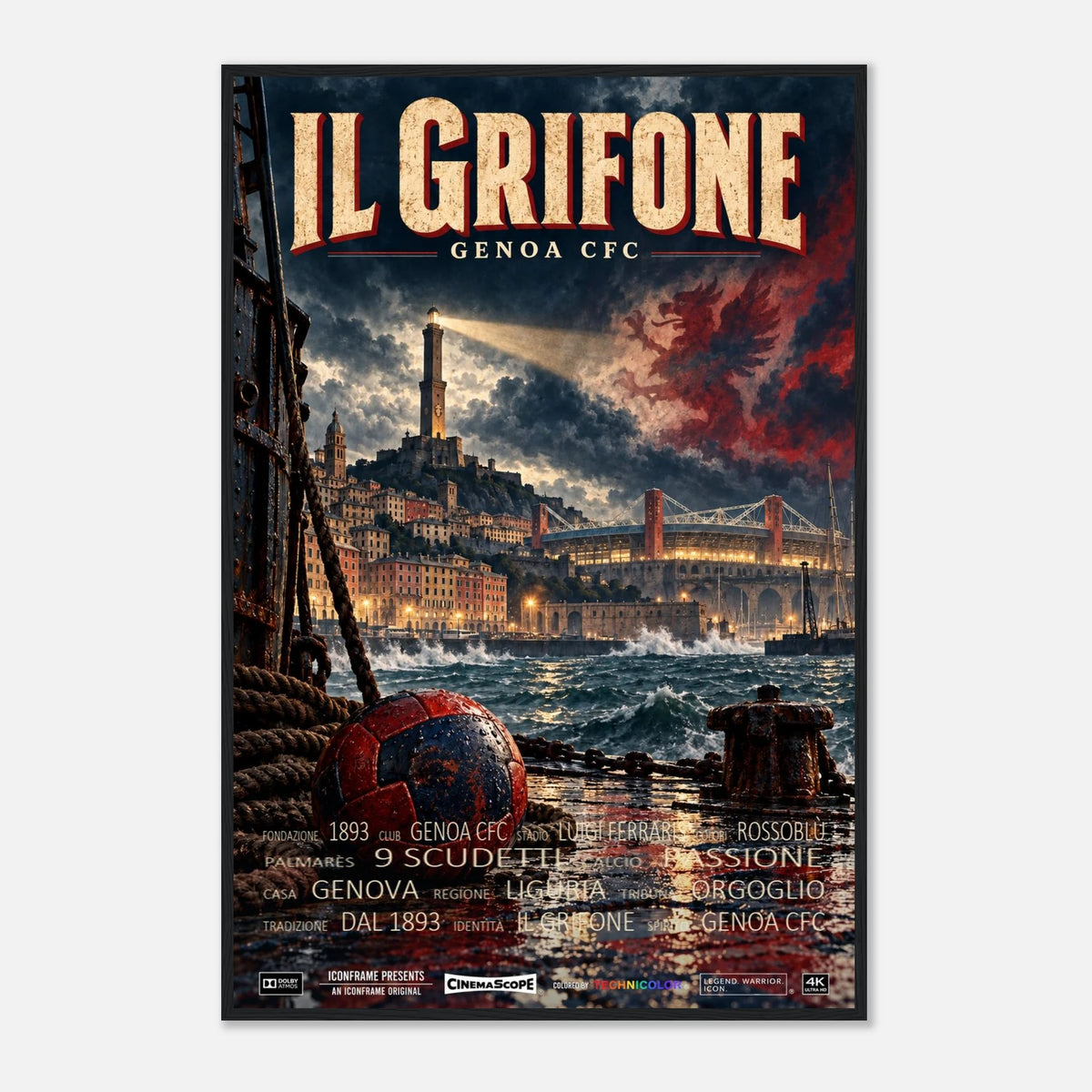 CFC Genua Poster „Il Grifone“ – 60 × 90 cm, mit schwarzem Holzrahmen vor hellem Hintergrund