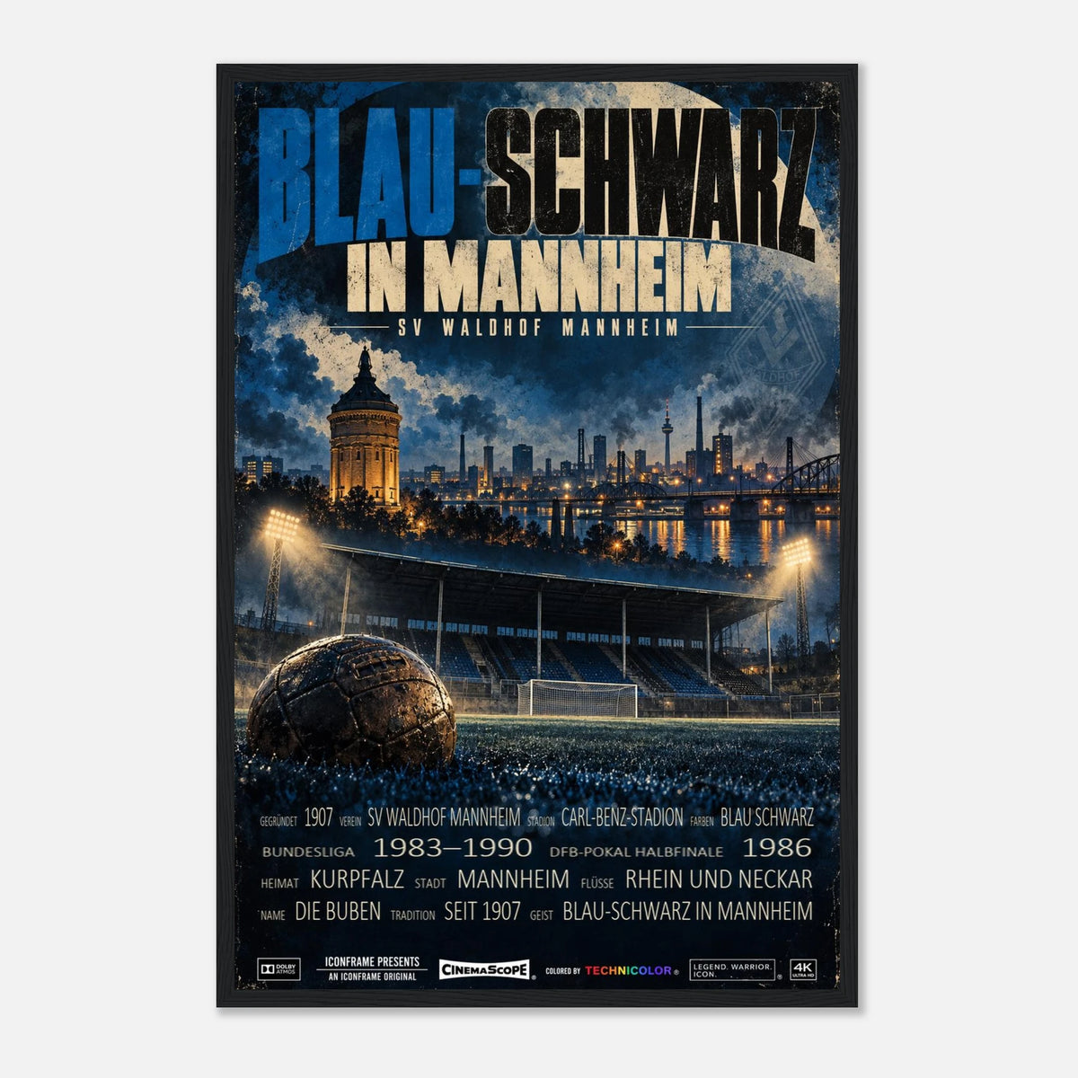 SV Waldhof Mannheim Poster „Blau-Schwarz in Mannheim“ – 40 × 60 cm, mit schwarzem Holzrahmen