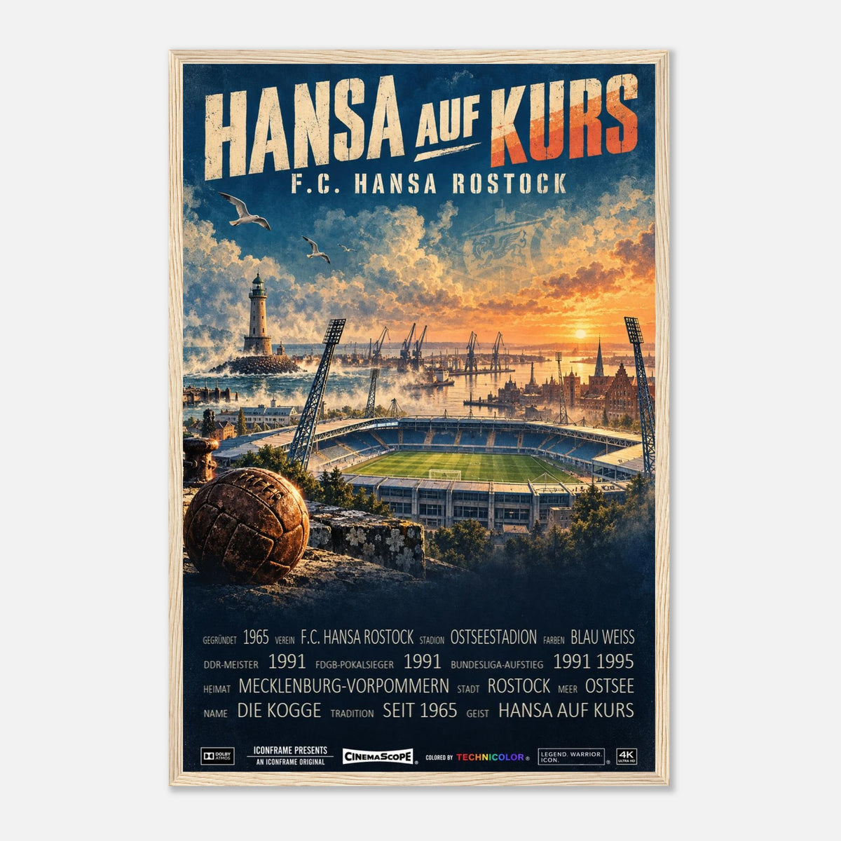 Hansa Rostock Poster „Hansa auf Kurs“ – 40 × 60 cm, mit naturfarbenem Holzrahmen