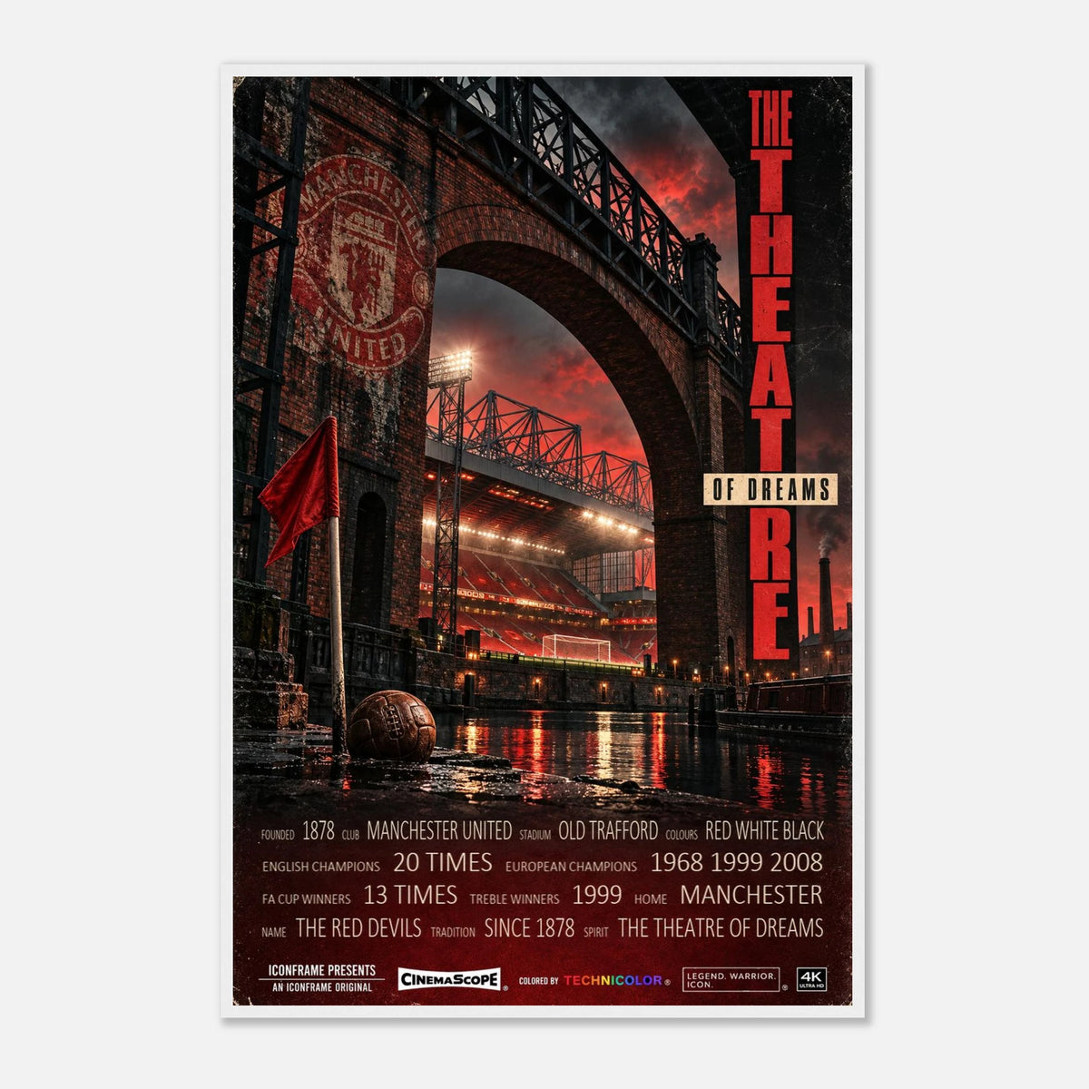 Manchester United Poster „The Theatre of Dreams“ – 60 × 90 cm, mit weißem Holzrahmen vor hellem Hintergrund