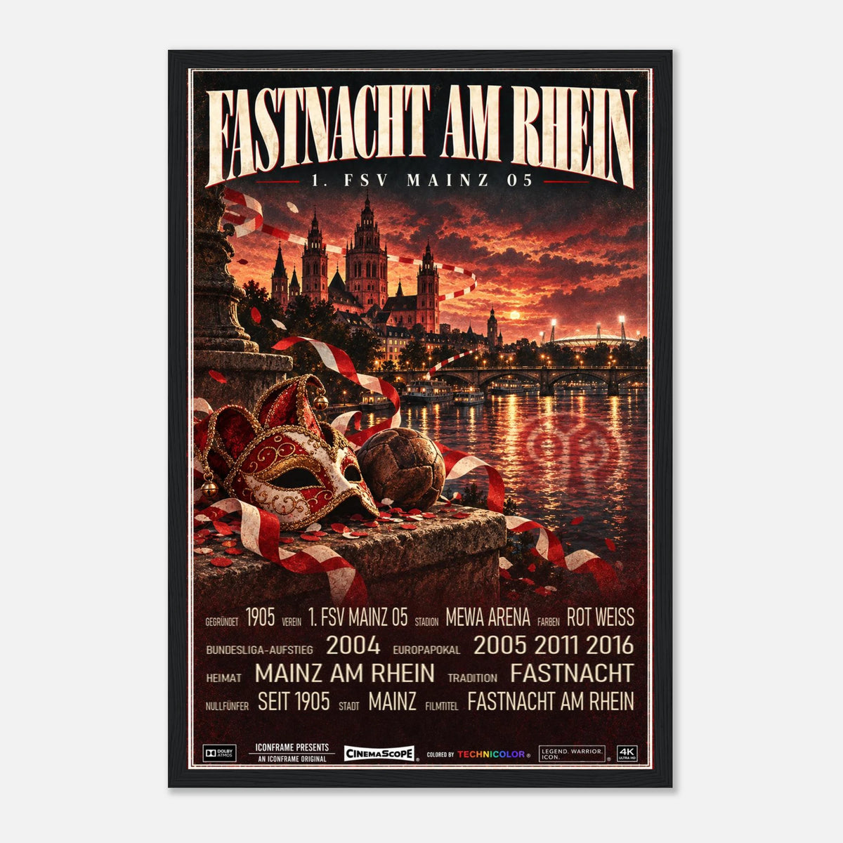 Mainz 05 Poster „Fastnacht am Rhein“ – 30 × 45 cm, mit schwarzem Holzrahmen vor hellem Hintergrund