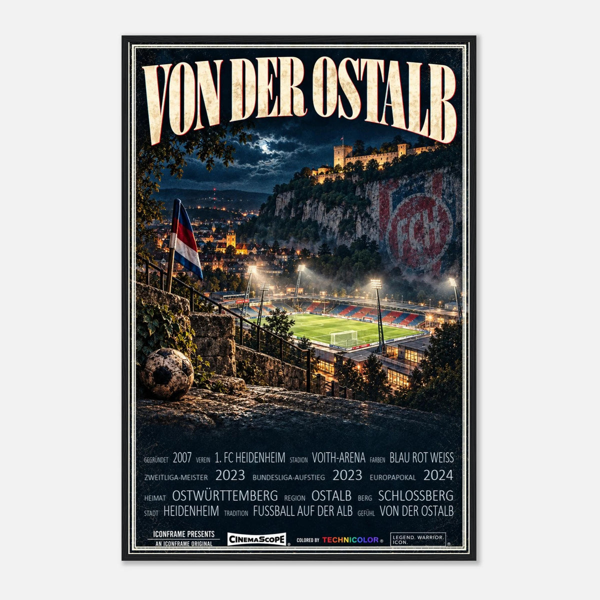 1. FC Heidenheim Poster „Von der Ostalb“ – 60 × 90 cm, mit schwarzem Holzrahmen vor hellem Hintergrund