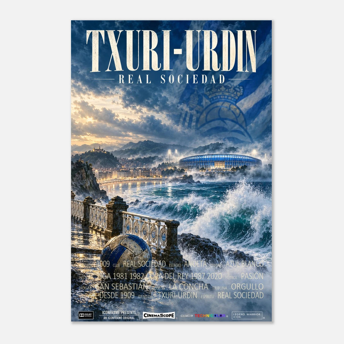 Real Sociedad Poster „Txuri-Urdin“ – 30 × 45 cm, ohne Rahmen vor hellem Hintergrund