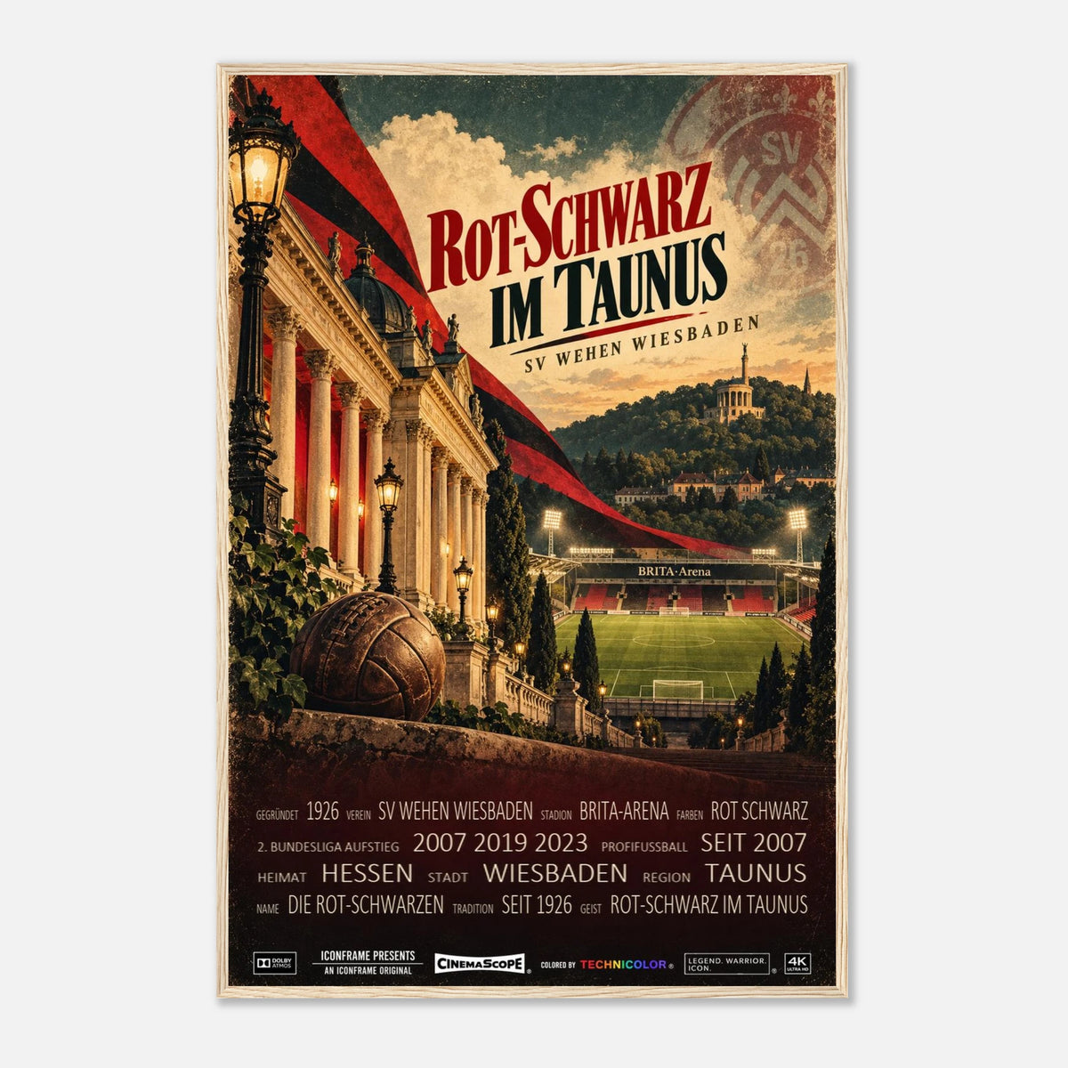 SV Wehen Wiesbaden Poster „Rot-Schwarz im Taunus“ – 60 × 90 cm, mit naturfarbenem Holzrahmen