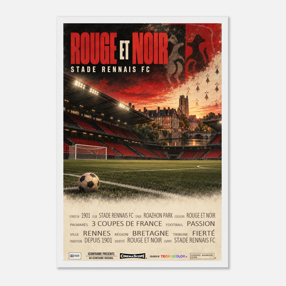 Stade Rennes Poster „Rouge et Noir“ – 30 × 45 cm, mit weißem Holzrahmen