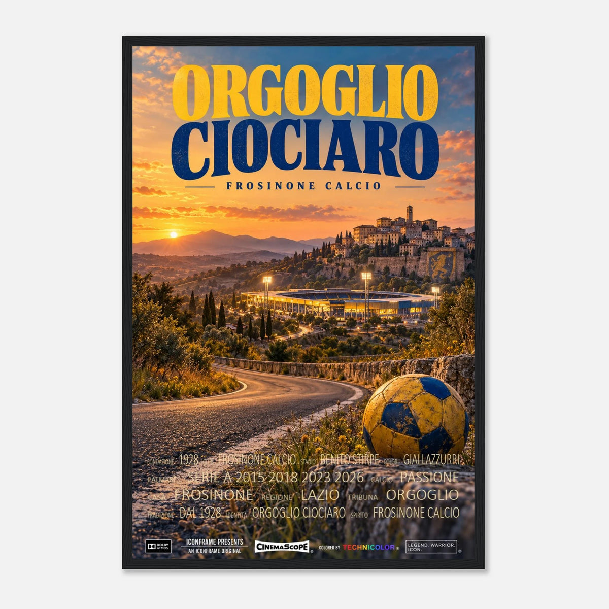 Frosinone Calcio Poster „Orgoglio Ciociaro“ – 40 × 60 cm, mit schwarzem Holzrahmen vor hellem Hintergrund