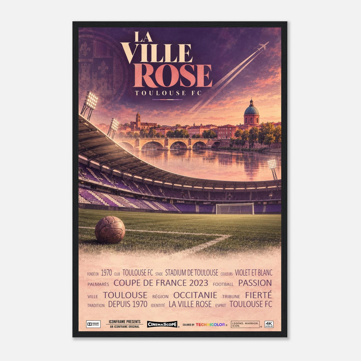FC Toulouse Poster „La Ville Rose“ – 40 × 60 cm, mit schwarzem Holzrahmen