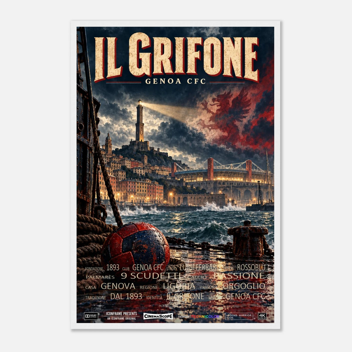 CFC Genua Poster „Il Grifone“ – 40 × 60 cm, mit weißem Holzrahmen vor hellem Hintergrund